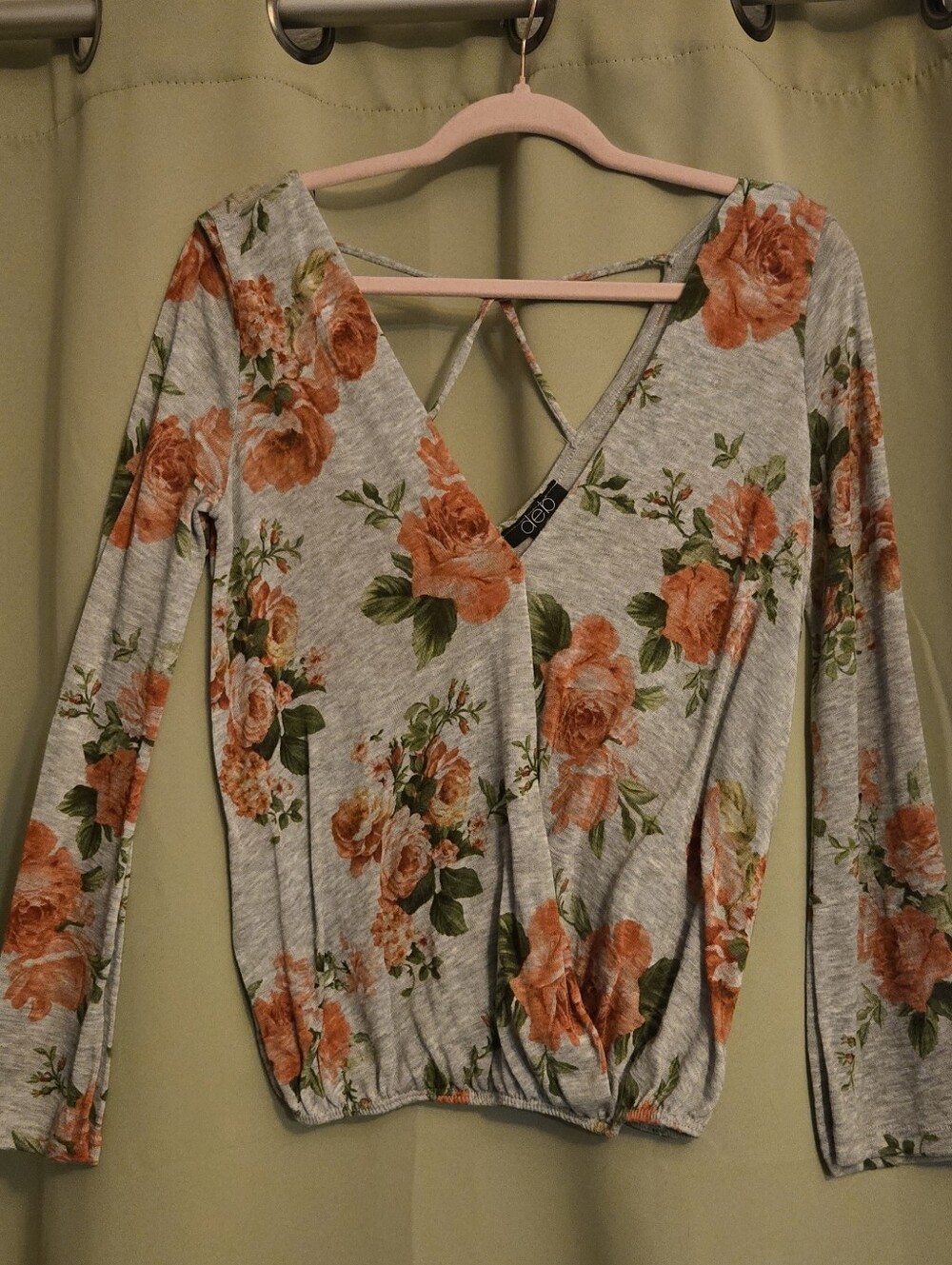 Deb Gray Long-Sleeve Wrap Top with Orange Floral Print